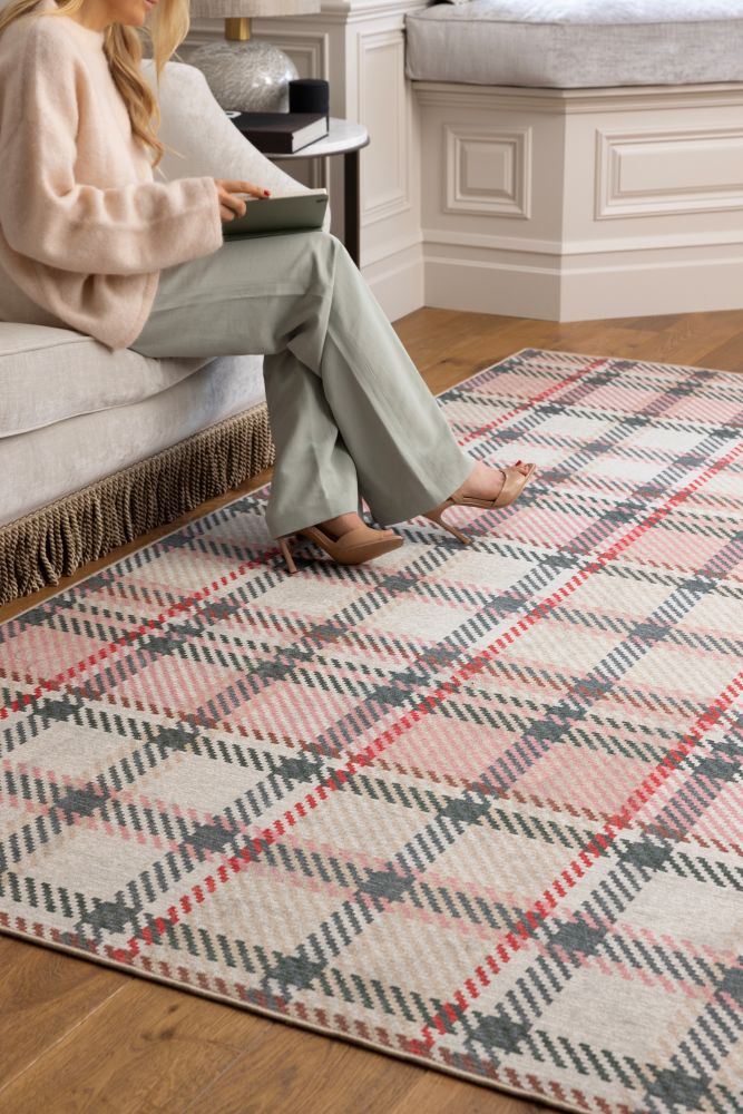 Plaid Pink -  Modern Contemporary- Washable - Hug Rug - Pheonox Rugs
