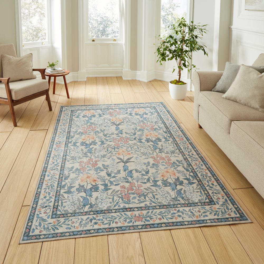 Versailles - H1425 - Beige / Blue   - Washable - Think Rugs
