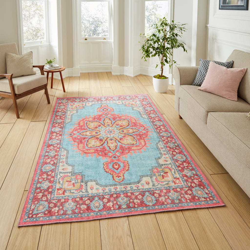 Zahra - Washable - S0063 - Blue / Red - Think Rugs