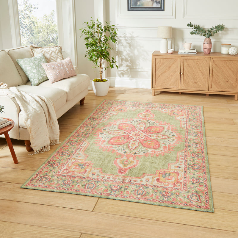 Zahra - Washable - S0063 - Green / Pink - Think Rugs