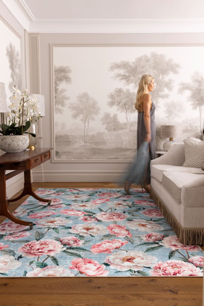 Blooming Peonies - Blue - British Botanicals - Washable - Hug Rug - Rugs