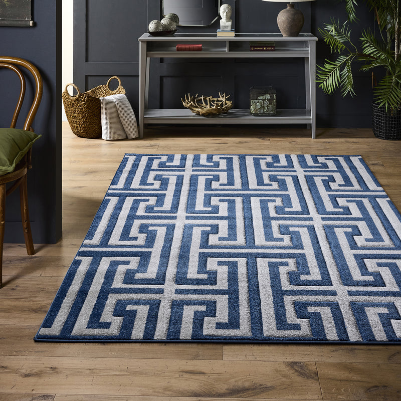 Greek Key -  Navy / Grey - Pheonox Rugs