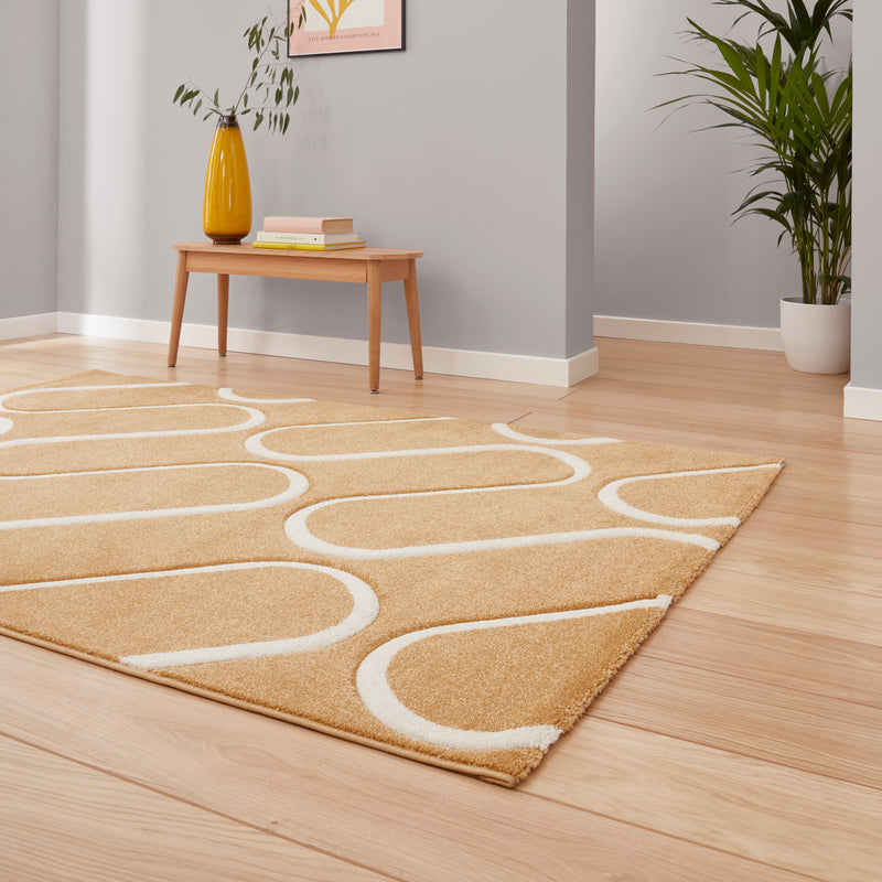 Linear Curve Geometric - Ochre  -  Catherine Lansfield - Think Rugs