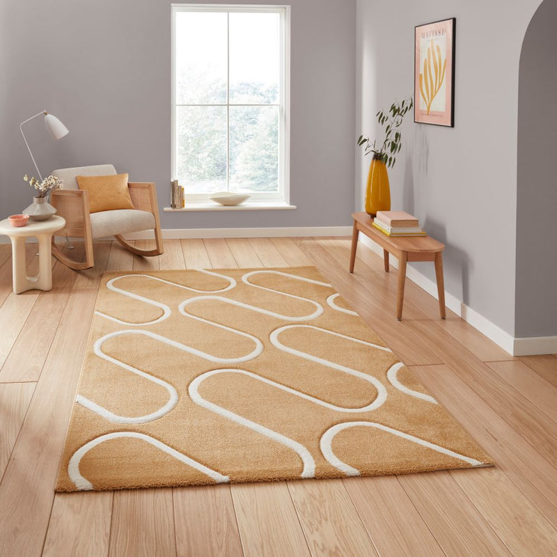 Linear Curve Geometric - Ochre  -  Catherine Lansfield - Think Rugs