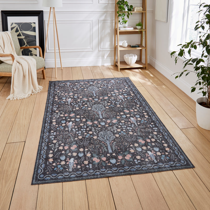 Versailles - H1373-Black / Blue  - Washable - Think Rugs