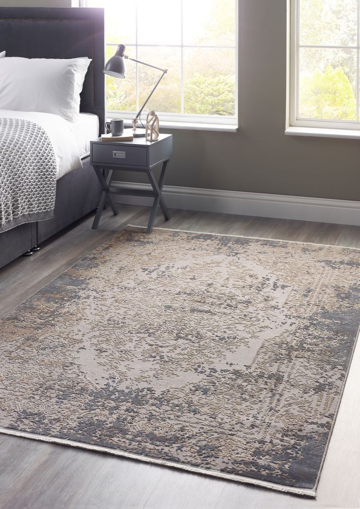 Aura- Vintage Medallion (with fringe)  - Blue / Grey-  Origins - Phoenox Rugs