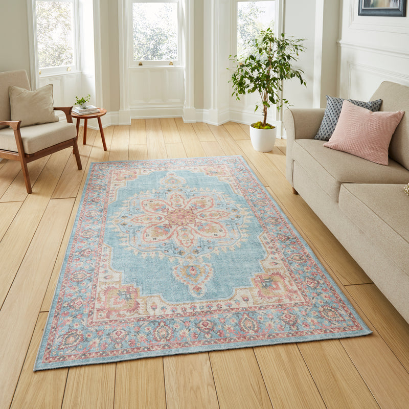 Zahra - Washable - S0063 - Blue / Beige - Think Rugs