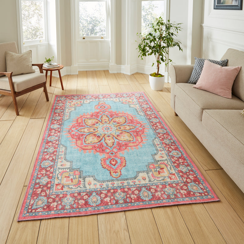 Zahra - Washable - S0063 - Blue / Red - Think Rugs